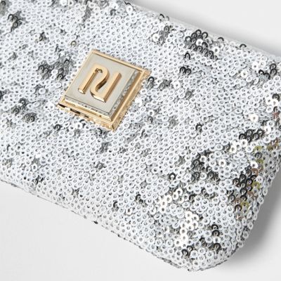 White and silver sequin mini pouch purse
